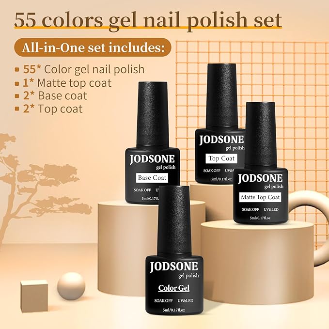 JODSONE 60 PCS Gel Nail Polish Set with 5 Bottles of Base and Glossy Matte Top Coat Soak off Gel Nail Set Suitable for All Seasons Gifts-VivaGrace Women
