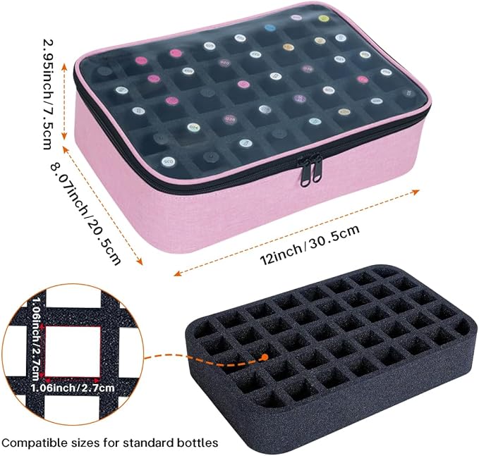 Small Clear Nail Polish Organizer Holds 40 bottles(15ml-0.5fl.oz) Nail Polish Case Multifunctional Nail Polish Bag organizer, Cosmetic Travel Makeup Bags for Women Pink