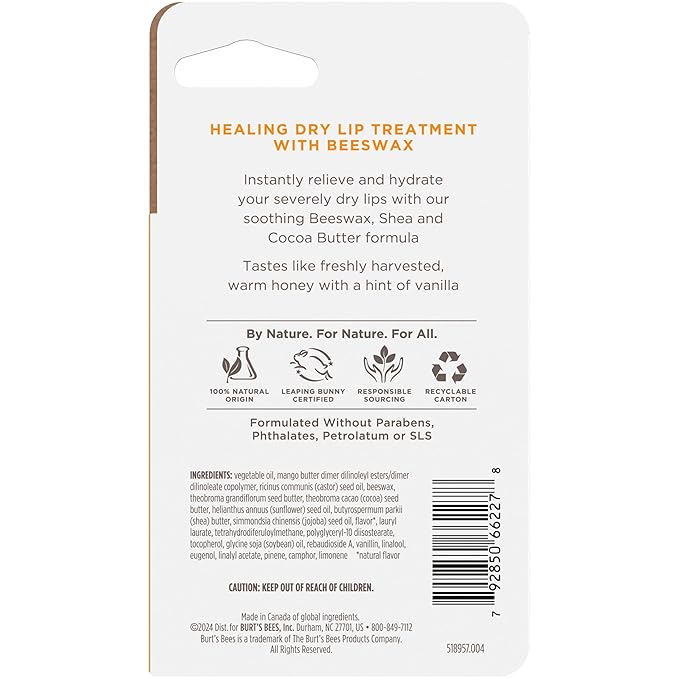 Burt's Bees Rescue Lip Relief, Honey Vanilla, Hydrating Lip Balm for Dry Cracked Lips, with Responsbily Sourced Beeswax and Shea Butter, 100% Natural Origin, 1 Squeezy Tube, 0.35oz-VivaGrace Women