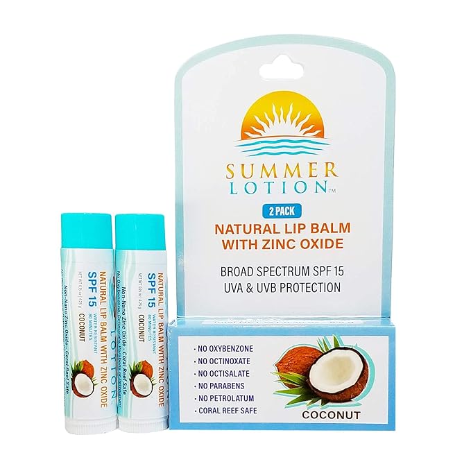 Natural Lip Balm with Zinc Oxide Sunblock by Summer Lotion, SPF 15 Lip Sunscreen 2-Pack, Water Resistant Chapstick, SPF Lip Protection for Everyone, (Coconut)-VivaGrace Women