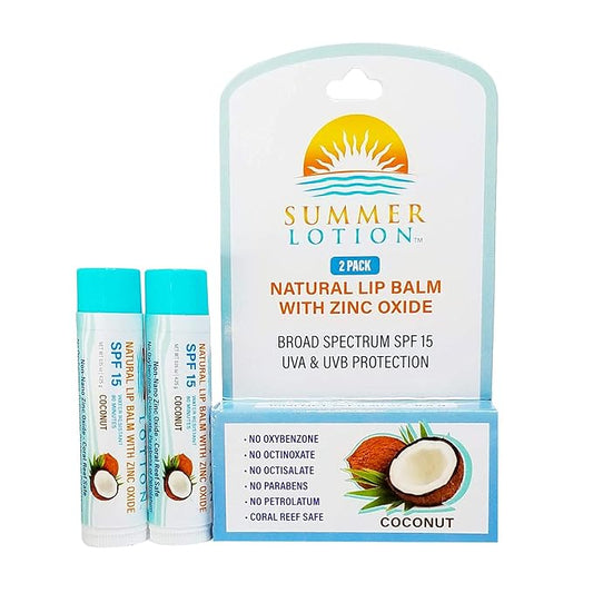 Natural Lip Balm with Zinc Oxide Sunblock by Summer Lotion, SPF 15 Lip Sunscreen 2-Pack, Water Resistant Chapstick, SPF Lip Protection for Everyone, (Coconut)-VivaGrace Women