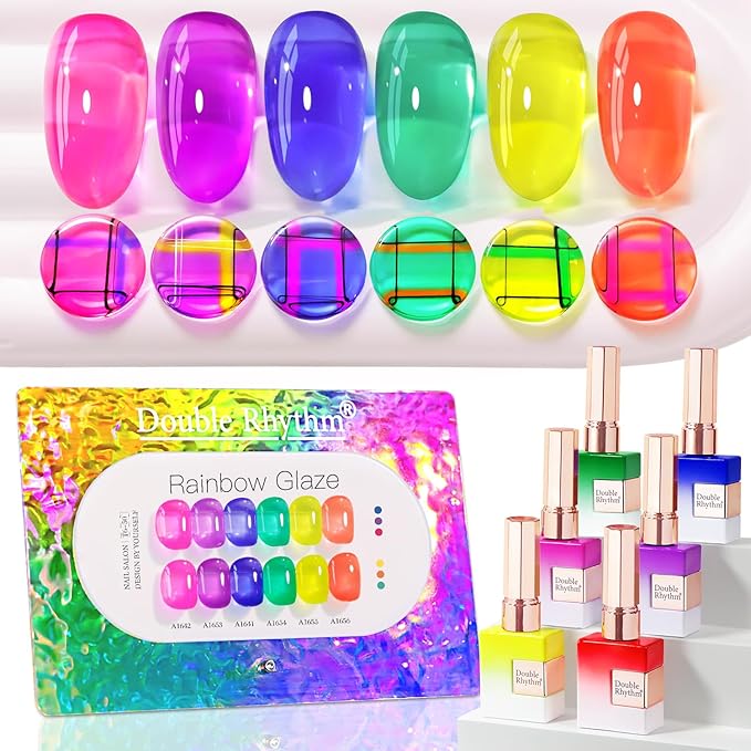 Double Rhythm 6 Pcs 15 ML Gel Polish Set Same Color Same Bottle Soak Off Jelly Neon Gel Polish Kit Nail Art Manicure Salon DIY at Home (Pink Purple Blue Green Yellow Green-T6-50)-VivaGrace Women