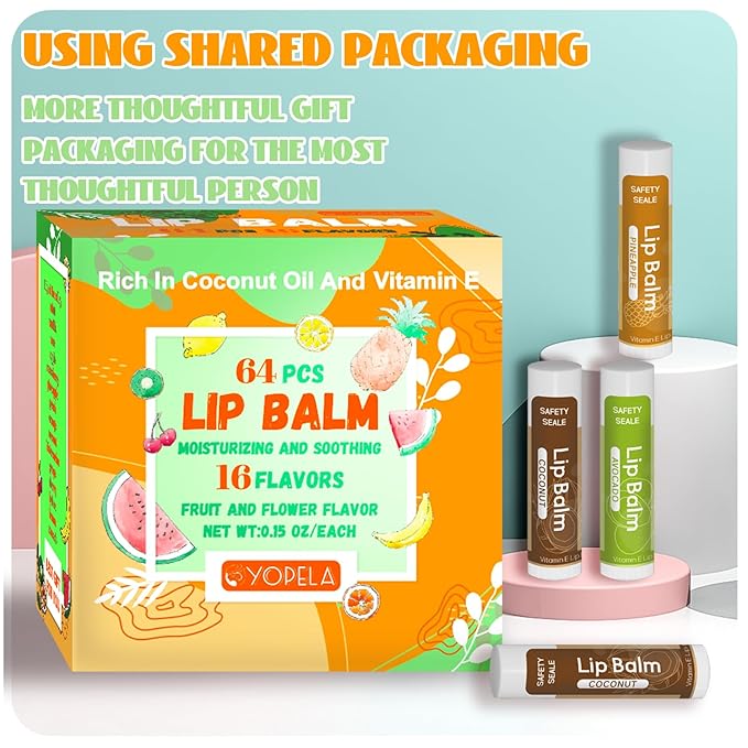 64 Pack Natural Lip Balm Bulk with Vitamin E and Coconut Oil Valentine's Day best choice - Moisturizing, Soothing, and Repairing Dry and Chapped Lips - 16 Flavors - Non-GMO-VivaGrace Women