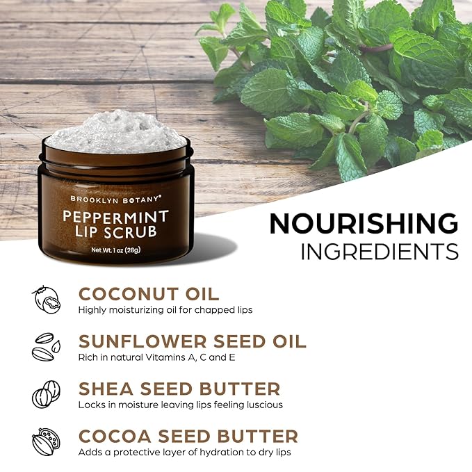 Brooklyn Botany Lip Scrub Exfoliator 1 oz – Lip Moisturizer for Dry Lips and Chapped Lips – Gentle Lip Exfoliator for Smooth and Brighter Lips – Peppermint Flavor-VivaGrace Women