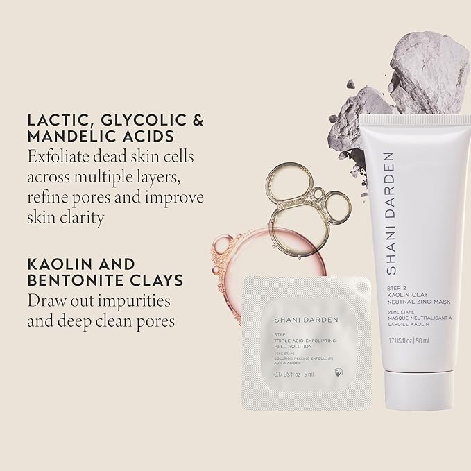 SHANI DARDEN SKIN CARE Triple Acid Peel, 2-Step Exfoliating Face Peel with Mandelic, Lactic & Glycolic Acids, Kaolin Clay Neutralizing Mask & Brush, Helps Improve Dark Spots & Skin Texture, 1.69 fl oz-VivaGrace Women