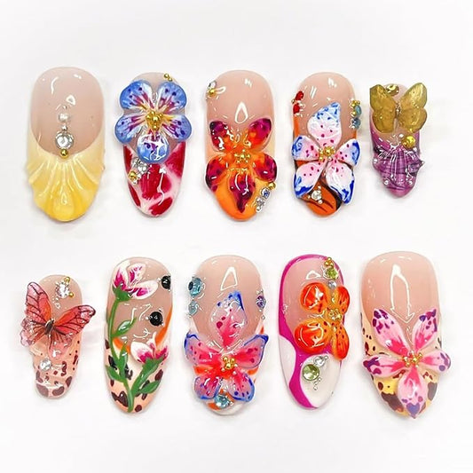 24Pcs Colorful Flower Press on Nails Medium Almond Handmade Fake Nails with 3D Butterfly Rhinestones Design Cute Full Cover Artificial Glue on Nails Hawaii False Nails Summer Stick on Nails for Women
