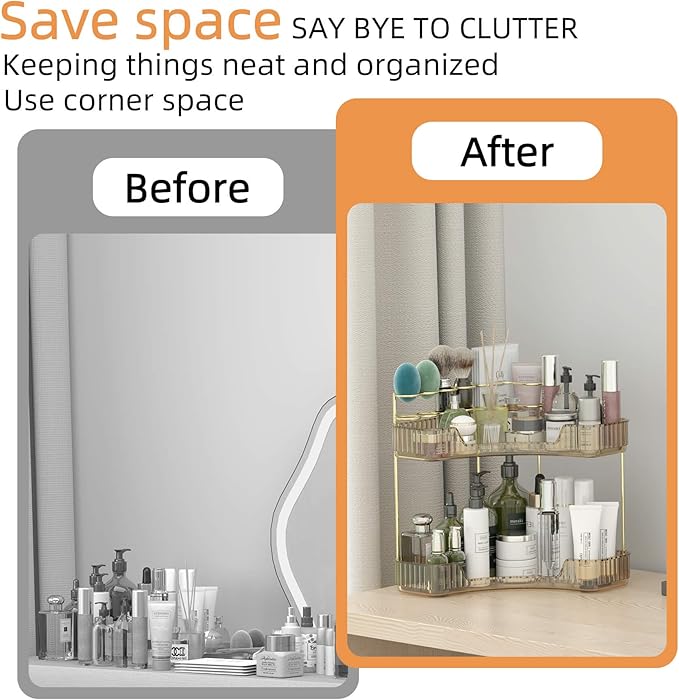 Corner Bathroom Counter Organizer with Top Toothbrush Holders, 2-Tier Make Up Organizers for Vanity with Brush Holder, Corner Storage for Bathroom, Kitchen, Dresser-VivaGrace Women