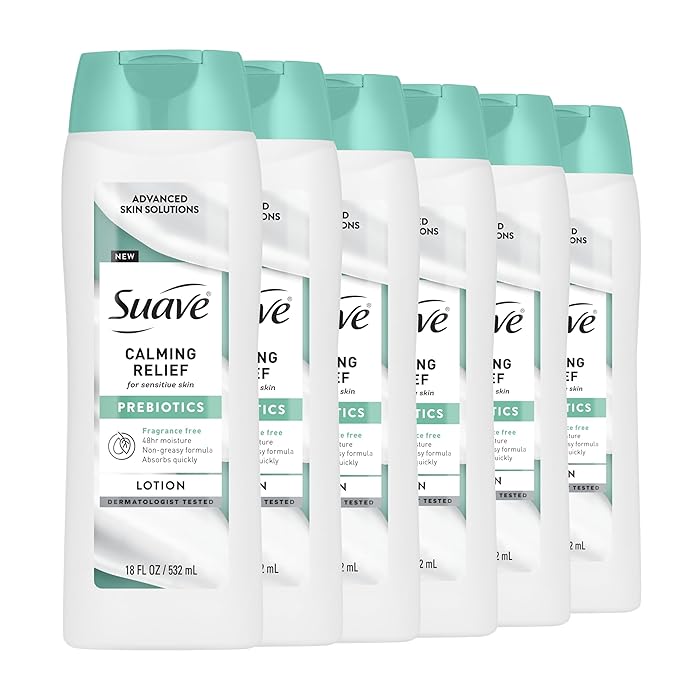 Suave Calming Relief Hand & Body Lotion for Women With Prebiotics For Sensitive Skin, Fragrance & Allergen Free, Helps Restore Skin's Moisture Barrier, 18 FL OZ, 6 Pack-VivaGrace Women