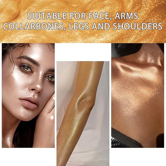 Shimmer Body Oil, Face and Body Liquid Luminizer Waterproof Moisturizing, Light Shimmer Glow Illuminator, Smooth Body Highlighter Makeup Liquid Body Shimmer (2# Gold)-VivaGrace Women