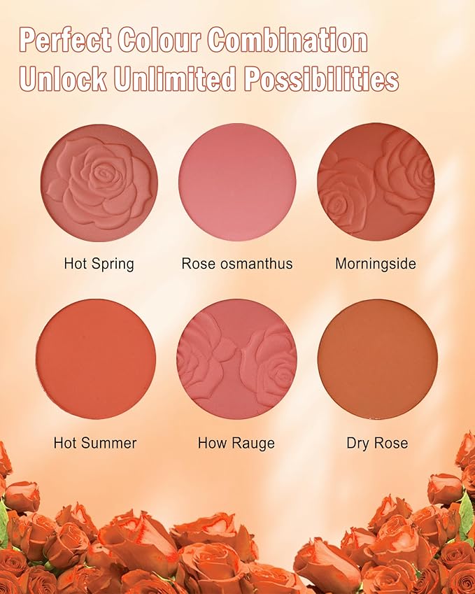 Matte Rose Face Blush Palette Kit with Brush-6 Color High Pigment Silky Mineral Blendable Blusher Contour Powder for Cheeks,Longlasting Eyeshadow Facial Beauty Cosmetic Makeup Gift for Women-Set 02-VivaGrace Women