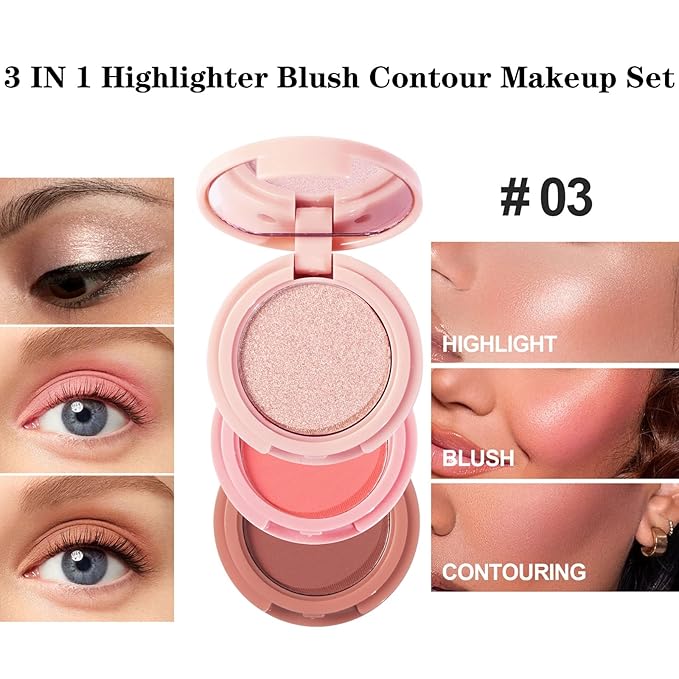 3-in-1 Blendable Trio, Contour and Highlight Blush Makeup Palette, Cream Bronzer, Silky Smooth Powder Blush, Shimmer Highlighter Makeup Powder, Pink Brown Eyeshadow Palette with Mirror(03)-VivaGrace Women