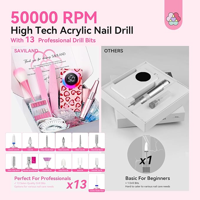 SAVILAND Electric Nail Drill Professional: 50000 RPM Electric Nail File Rechargeable Cordless Nail Drill Kit with Ceramic Drill Bits for Quick Acrylic Nail Removal Ambient Light Leopard Heart Print-VivaGrace Women