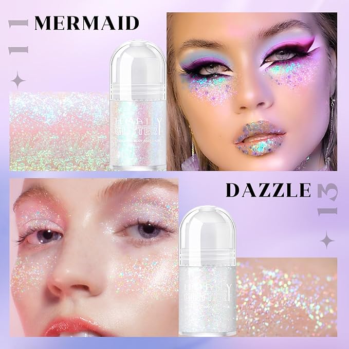 2 Colors Roll-on Body Glitter Gel, Holographic Glitter Gel Under Light for Face Hair, Body Shimmer for Rave Accessories Christmas New Year Halloween Makeup (11+13)-VivaGrace Women