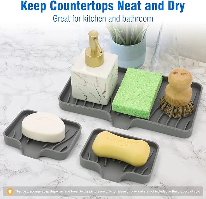 3-Pack Silicone Soap Dish, Sponge Holder for Sink, Kitchen Soap Tray, Bathroom Soap Holder, Sponge Tray with Drain (Grey)-VivaGrace Women