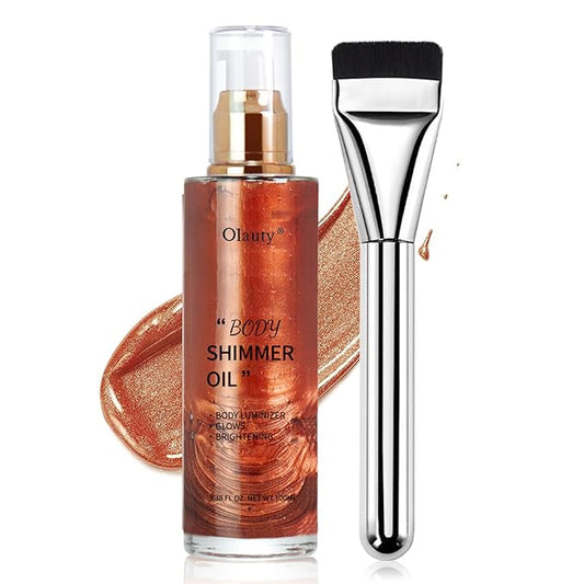 Shimmer Body Oil-Golden Brown Face Brighten Pearl Highlighter Liquid Illuminator Body Glow Oil,4 Color Bronze Makeup Glitter Body Shimmer Oil with Makeup Brush-VivaGrace Women