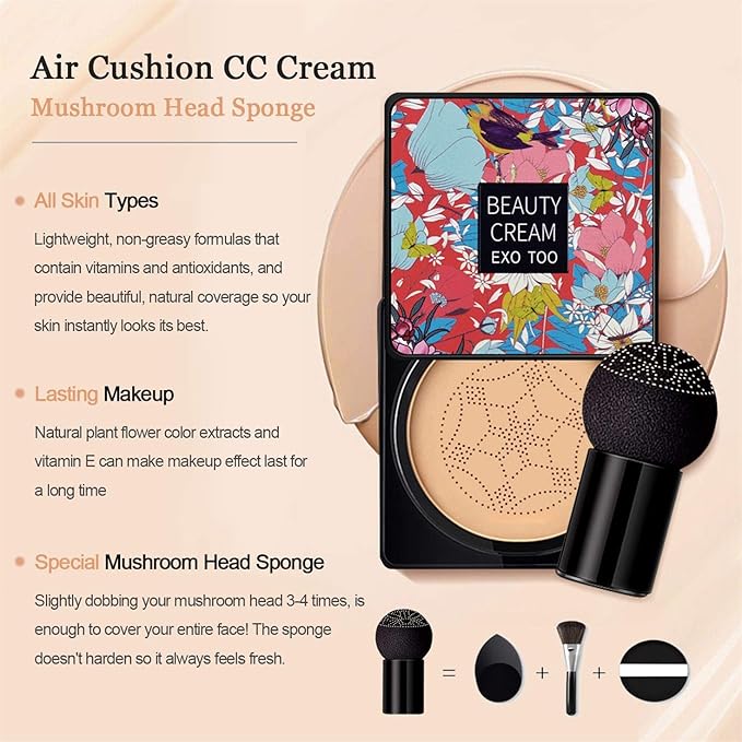 2PCS Mushroom Head Air Cushion CC Cream Foundation, Beauty Cream Exo Too BB Cream, Moisturizing, Long Lasting, Matte Concealer, Light Weight, WaterProof Liquid Foundation with 2PCS Mushroom Head-VivaGrace Women