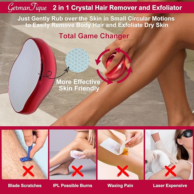 Crystal Hair Eraser,Natural Crystal Hair Remover,Reusable Painless Nano Glass Hair Removal Device Without Shaver,Gentle Crystal Epilator and Exfoliator for Soft Silky Skin(Red)-VivaGrace Women