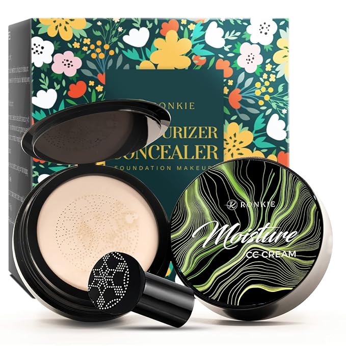 Mushroom Head Foundation, Moisturizing Concealer, Bright Makeup Base Long Lasting with Mushroom Makeup Sponge, Mirror inside，Easy to Apply, black-VivaGrace Women