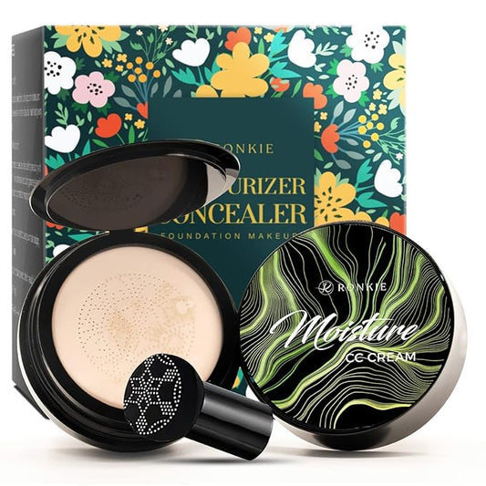 Mushroom Head Foundation, Moisturizing Concealer, Bright Makeup Base Long Lasting with Mushroom Makeup Sponge, Mirror inside，Easy to Apply, black-VivaGrace Women