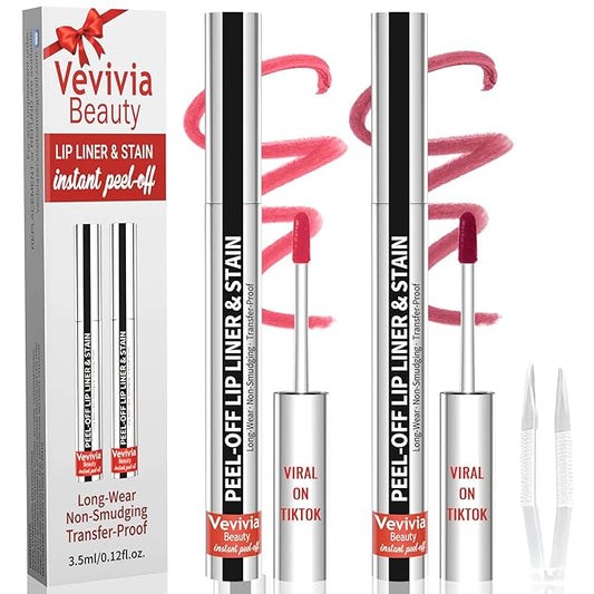 2pcs Lip Stain Peel Off - Lip Liner Stain Long Lasting Waterproof,2-in-1 Lip Liner with Tweezer Nude Matte,Non-Stick Cup,Highly Pigmented，Natural Finish,Stay On All Day,Perfect for Gift (Nude+Mauve)-VivaGrace Women