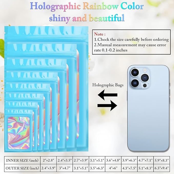ANZNKU 100 Pack Mylar Bags Reasealable Holographic Bags, Smell Proof Bag Zipper Pouches with Clear Window, Jewelry Candy Sealable Bag for Packaging Sample Party Favor(Blue, 7.1 x 10.2 Inch)-VivaGrace Women