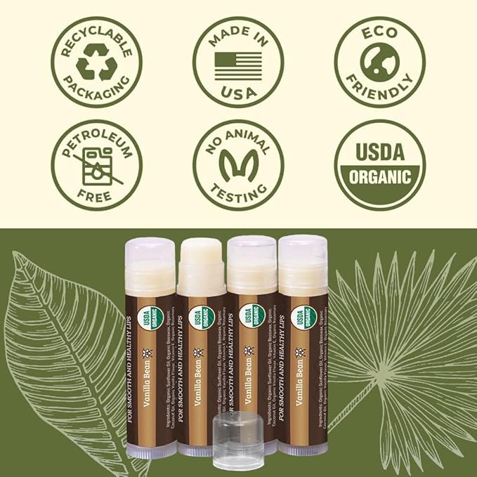 USDA Organic Lip Balm 4-Pack by Earth's Daughter - Vanilla Flavor, Beeswax, Coconut Oil, Vitamin E - Best Lip Repair Chapstick for Dry Cracked Lips.-VivaGrace Women