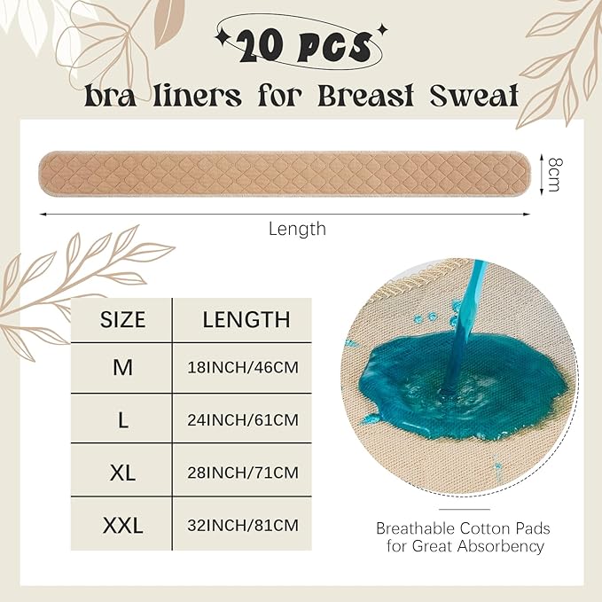 Toulite 20 Pcs Bra Liners for Sweat 18x3 Inch 3 Layer Washable Rectangle Cotton Under Breasts Pads for Women Absorb Sweating-VivaGrace Women