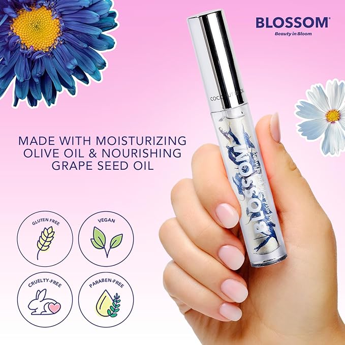 Blossom Moisturizing and Hydrating Shimmer Sparkle Lip Oil with Olive Oil + Grape Seed Oil, Infused with Real Flowers, 3g, Coconut-VivaGrace Women