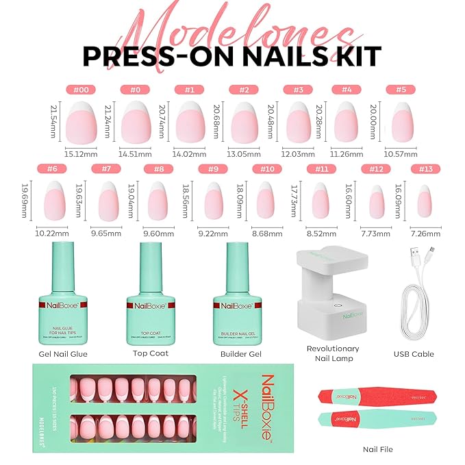 Modelones Gel Nail Kit, Press On Nails Kit with LED Light, 150 PCS Short Pink Almond, 15 Sizes French Tip Press on Nails, NailBoxie Pre-Colored Nail Tips for Easy DIY Nail Art-VivaGrace Women