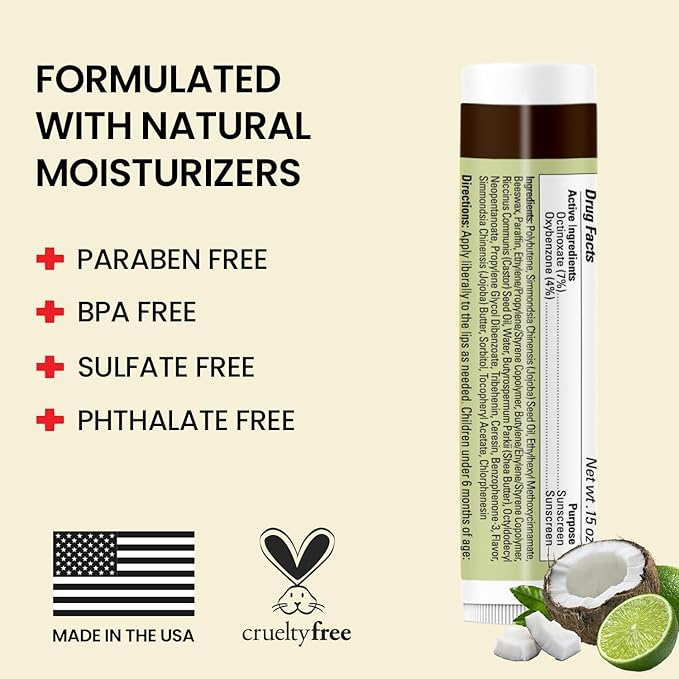 Original Udder Stick SPF Lip Balm, Soothing Moisturizer Sun Screen Balm for Dry Lips with Jojoba, Beeswax & Shea Butter, Total Lip Care, Hydration & Repair, Coconut-Lime Flavor, 4 Pack-VivaGrace Women