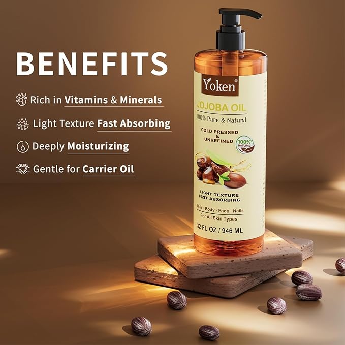 Yoken 32 fl oz (EWG Verified) 100% Pure Jojoba Carrier Oil - Unrefined, Hexane-Free, Cold Pressed for Skin, Face, Hair, Nails, and Massage-VivaGrace Women