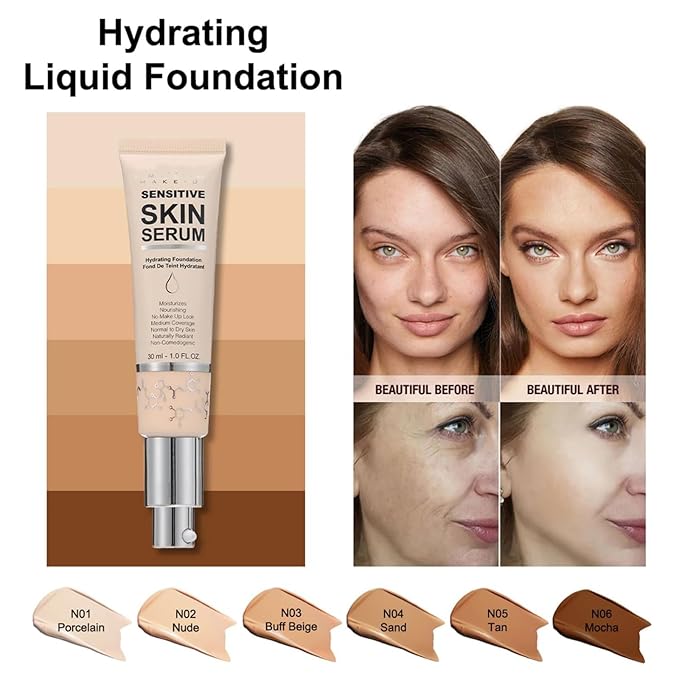 MAEPEOR Hydrating Foundation 6 Colors Full Coverage Liquid Foundation Naturally Mattle Oil-Control Foundation for All Skin Tone (01 Porcelain)-VivaGrace Women