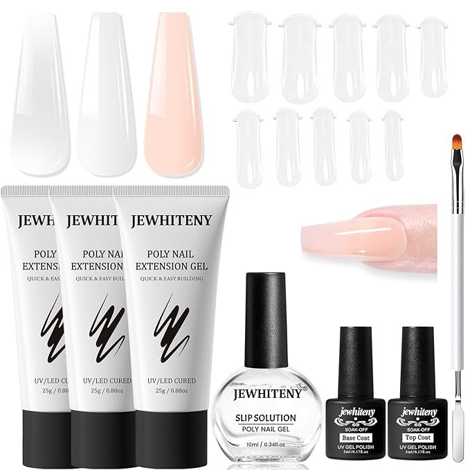 JEWHITENY Poly Extension Gel Nail Set Clear White Pink Poly Nail Gel With Slip Solution Base Coat Top Coat French Manicure for Finger Art and Home DIY Need U V Lamp Curing-VivaGrace Women