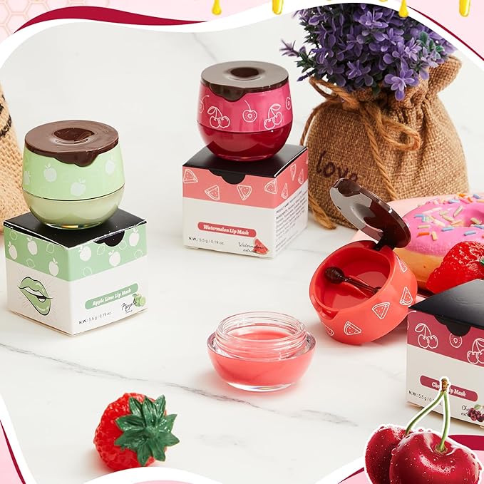 12 Pcs Bee Lip Balm Honey Pot with Brush Propolis Lip Mask Overnight, Moisturizing Hydrating Lip Sleeping Mask Prevention Dry and Cracked(Honey+Strawberry+Watermelon+Apple Lime+Cherry)-VivaGrace Women