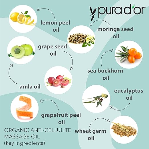 PURA D'OR 16 Oz Organic Anti-Cellulite Massage Oil - Lemon Peel, Moringa, Grape Seed, Grapefruit & Eucalyptus Oils - Skin Firming & Tightening for Active Individuals & Aging Adults-VivaGrace Women