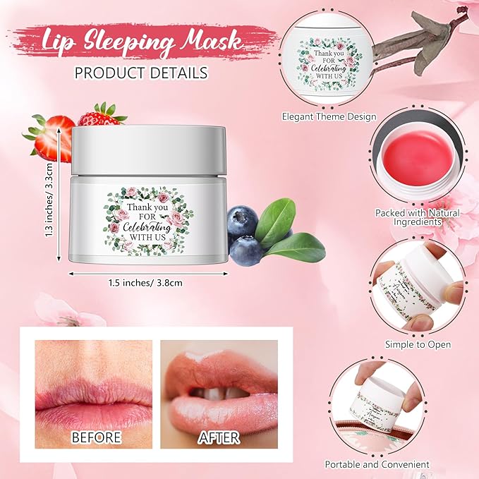 12 Pcs Thank You Lip Sleeping Mask Bulk Bridal Shower Gifts for Guests Thank You for Celebrating with Us Lip Mask Moisturize Nourish for Wedding Bridal Shower Favor Christmas Gift(Floral)-VivaGrace Women