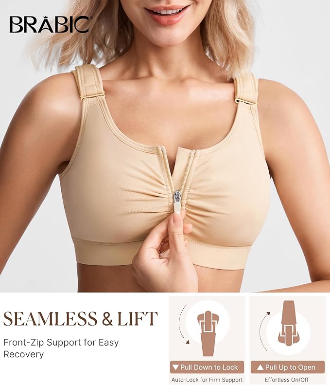 BRABIC Zip Front Closure Everyday Bra for Women Post Surgery Compression Support with Adjustable Straps Wirefree-VivaGrace Women