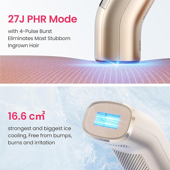 IPL Laser Hair Removal for Women and Men, 2 Lights, 2℃, 16.6 cm² Sapphire Ice Cooling for Sensitive Skin, 4-Pulse Mode for Ingrown Hair, Bikini, Face, Body Permanent Epilator Home Hair Removal Device-VivaGrace Women