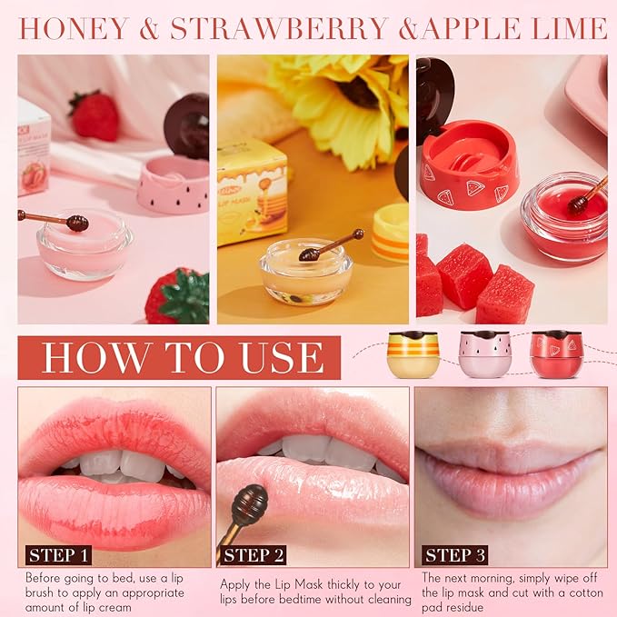 12 Pcs Bee Lip Balm Honey Pot with Brush Propolis Lip Mask Overnight, Moisturizing Hydrating Lip Sleeping Mask Prevention Dry and Cracked(Honey+Strawberry+Watermelon)-VivaGrace Women