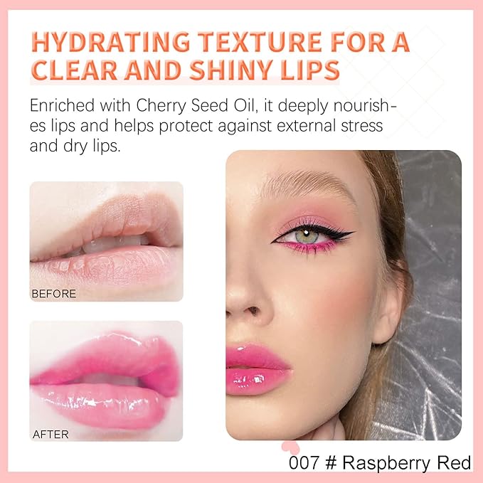 Hydrating Lip Glow Oil, Plumping Watery Lip Gloss, Refreshing Moisturizing Lip Oil Tinted Lip Balm, Lasting Nourishing Revitalizing Lip Tint Lip Care (07# Raspberry Red)-VivaGrace Women
