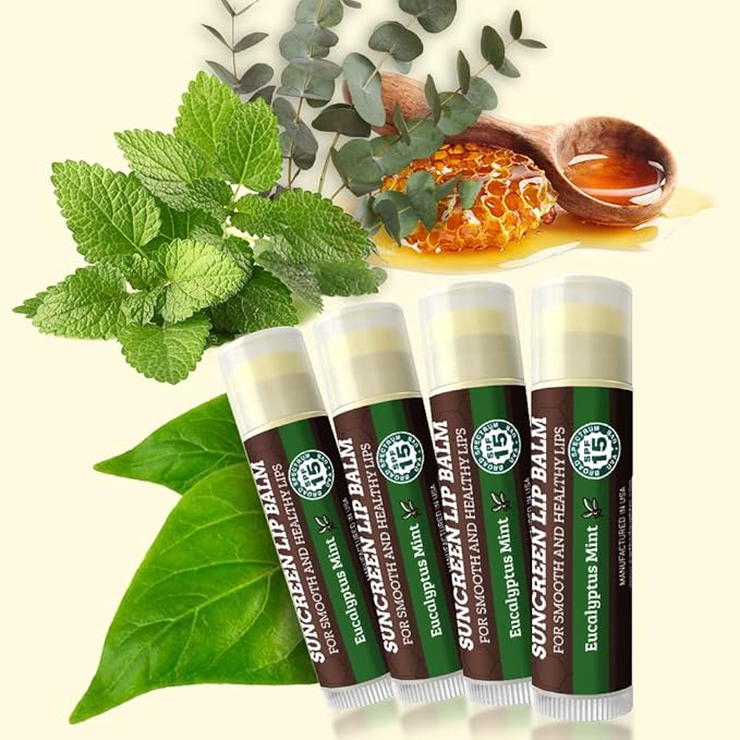 SPF Lip Balm 4-Pack by Earth's Daughter - Lip Sunscreen, SPF 15, Organic Ingredients, Eucalyptus Mint Flavor, Beeswax, Coconut Oil, Vitamin E - Hypoallergenic, Paraben Free, Gluten Free-VivaGrace Women