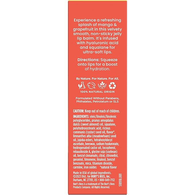 Burt’s Bees Mango Grapefruit Lip Jelly Balm, With Hyaluronic Acid and Squalane Moisturizer To Instantly Hydrate Lips, Lip Gloss With Responsibly Sourced Beeswax, Tint-Free, Lip Treatment, 0.45 oz.-VivaGrace Women