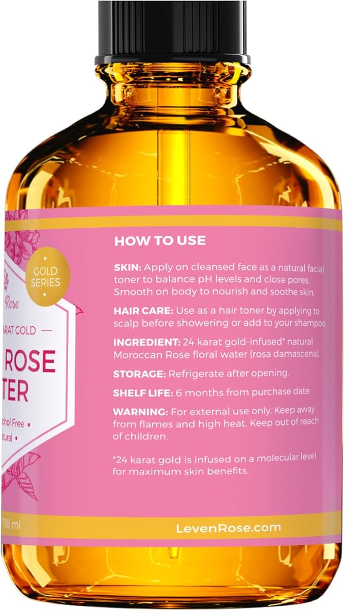 24 Karat Gold Rose Water Toner by Leven Rose Natural Moroccan 24K Rosewater Toner 4 oz-VivaGrace Women