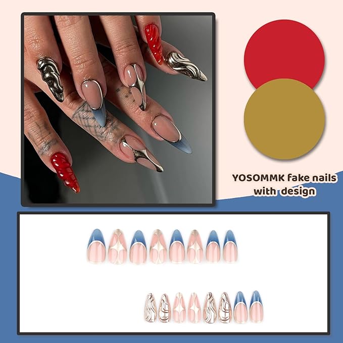 Press on Nails Medium Almond Fake Nails with 3D Swirl Designs Glossy Glue on Nails Gold Glitter Acrylic Nails Luxury Artificial False Nails for Women
