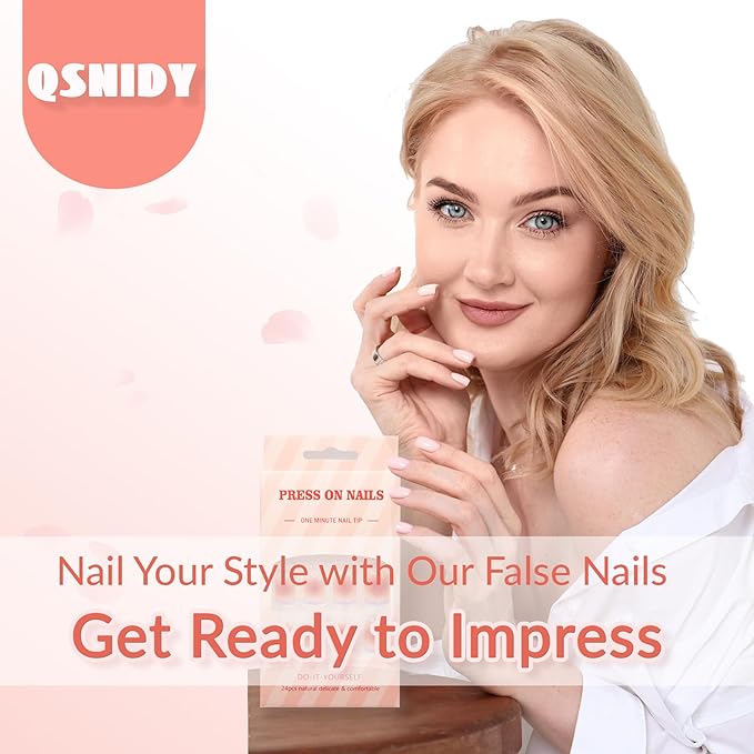 Press on Nails Square - Glazed Pastel Pink Chrome Fake Nails Medium Acrylic Full Cover Glue on Nails in 12 Sizes - 24 Piece Nail Kit，Natural Fit for Women & Girls Daily Wear