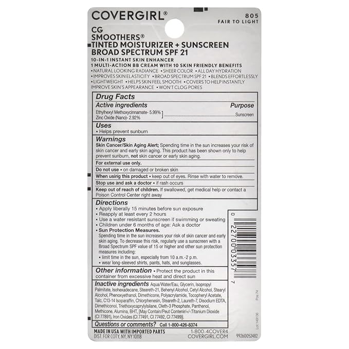 COVERGIRL Smoothers Lightweight BB Cream, Fair to Light 805, 1.35 oz (Packaging May Vary) Lightweight Hydrating 10-In-1 Skin Enhancer with SPF 21 UV Protection-VivaGrace Women