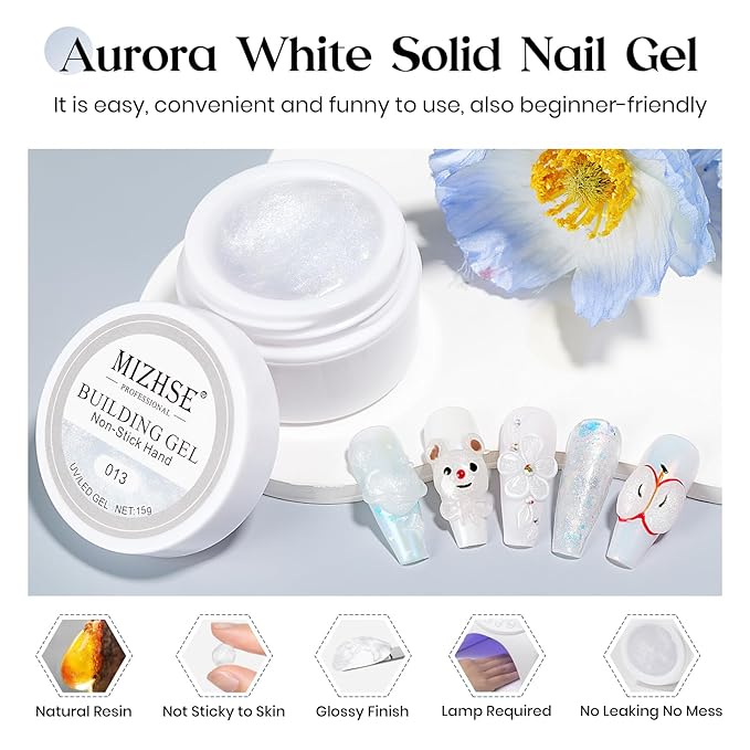 MIZHSE Solid Builder Gel, Aurora White Non-Sticky Hand Sculpting Gel for Nails, Mermaid Pearl 3D Nail Art Building Carving Modeling Hard Extension Soak Off U V LED Manicure Salon Home DIY 15g-VivaGrace Women