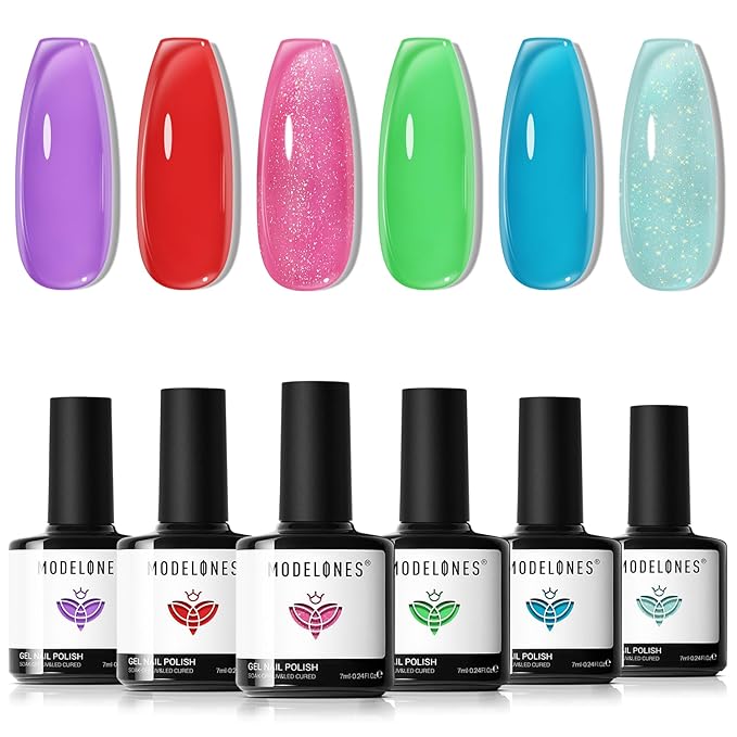 modelones Summer Gel Nail Polish, 6 Colors Jelly Gel Polish Neon LGBT Red Blue Green Pink Purple Nail Art Design Translucent Soak Off Manicure Salon DIY Girls Women Gift-VivaGrace Women