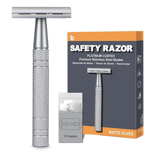 Double Edge Safety Razor, Single Blade Razors for Men and Women, with 10 Double Edge Blades, Reusable Metal 1 Blade Razor, Eco-Friendly, Zero Waste, Smooth and Close Shave, Matte Silver-VivaGrace Women