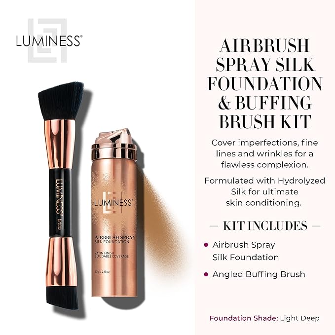 LUMINESS Silk Airbrush Spray Foundation & Buffing Brush Kit – Full Coverage Foundation & Dual-Sided Buffing Brush - Buildable Coverage, Anti-Aging Formula Hydrates & Moisturizes (Shade - Light Deep)-VivaGrace Women